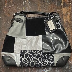 Bebe Black and Silver Patchwork Shoulder Bag